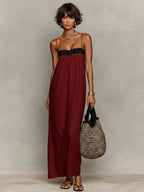 Linen Lace-Insert Strapless Maxi Dress