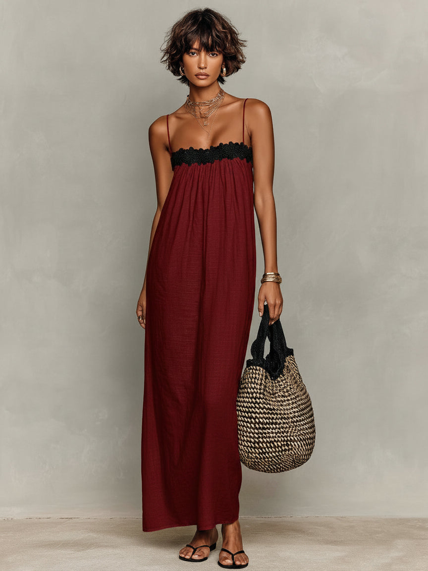 Linen Lace-Insert Strapless Maxi Dress
