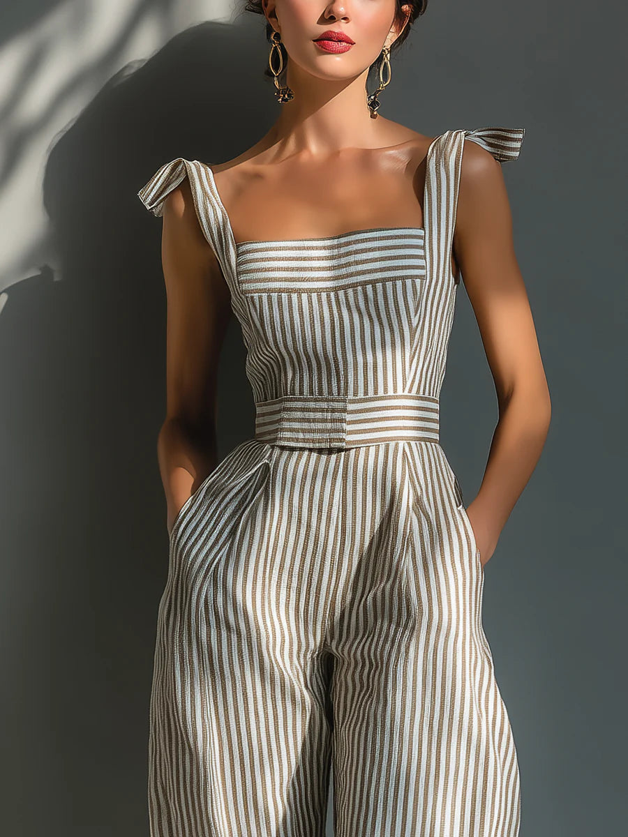 Beige Stripe Linen-Blend Tie-Shoulder Wide-Leg Jumpsuit