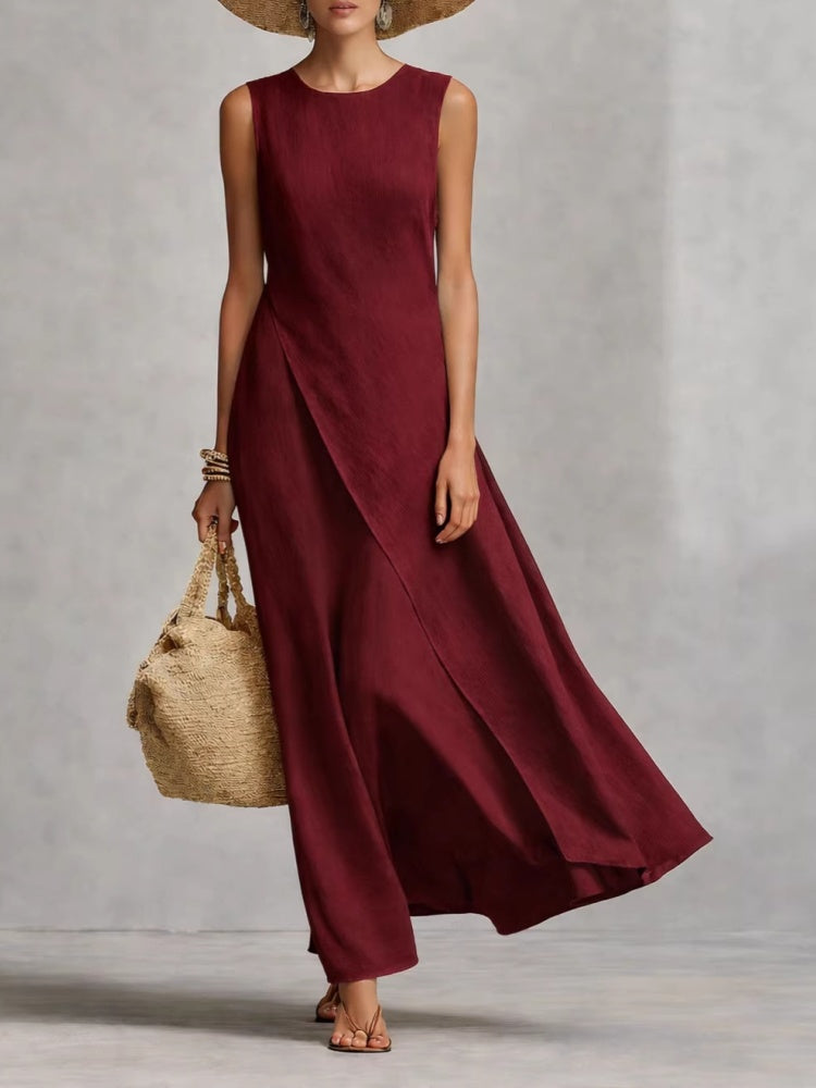 Sleeveless  Asymmetric Hem Ivory Breathable Linen Dress