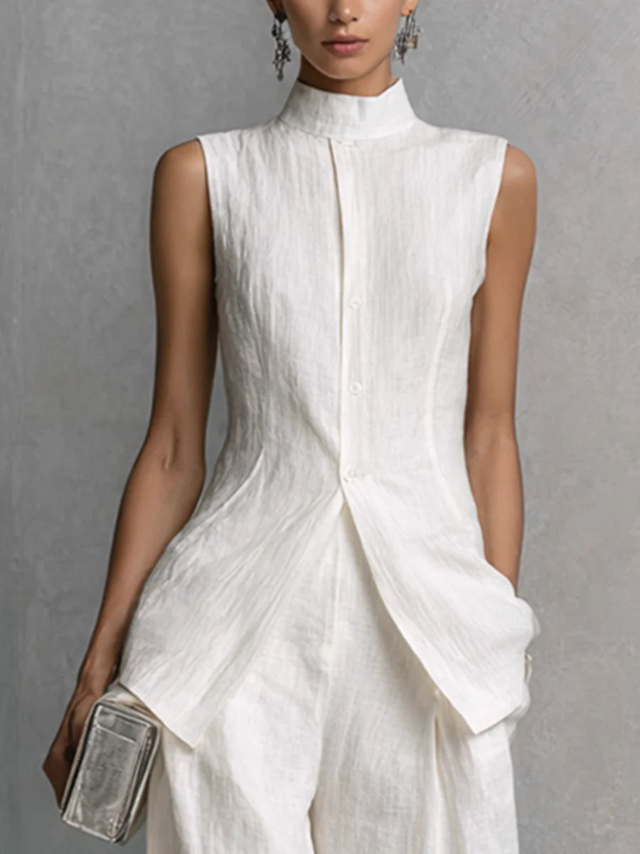 White Linen-Cotton Sleeveless Top & Wide-Leg Pant Set