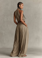 Taupe Boho Halter Wide-Leg Jumpsuit(Without Belt)