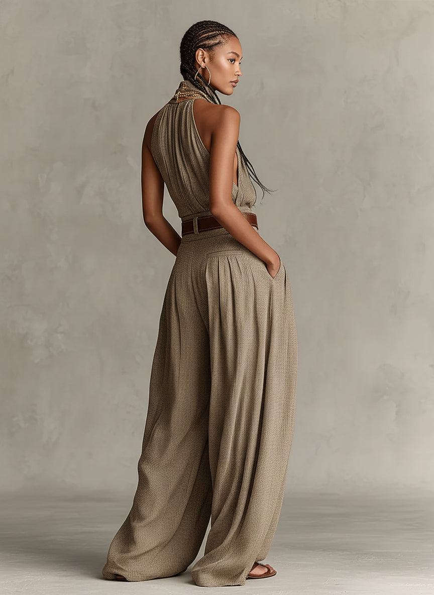 Taupe Boho Halter Wide-Leg Jumpsuit(Without Belt)