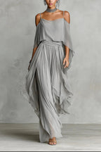 Grey Chiffon Cold-Shoulder Two-Piece Set