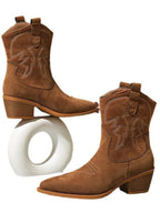 Retro embroidered block heel round toe mid-calf knight boots