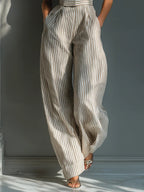Beige Stripe Linen-Blend Tie-Shoulder Wide-Leg Jumpsuit