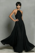 Black Linen-Blend Halter Backless Maxi Dress