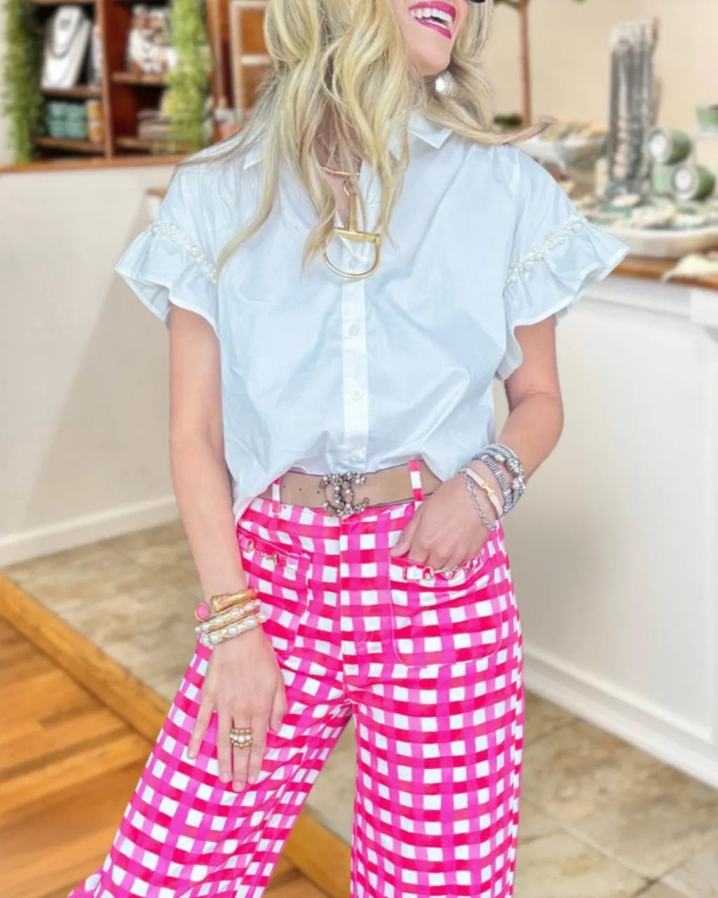 Pearl Accent Ruffle Blouse