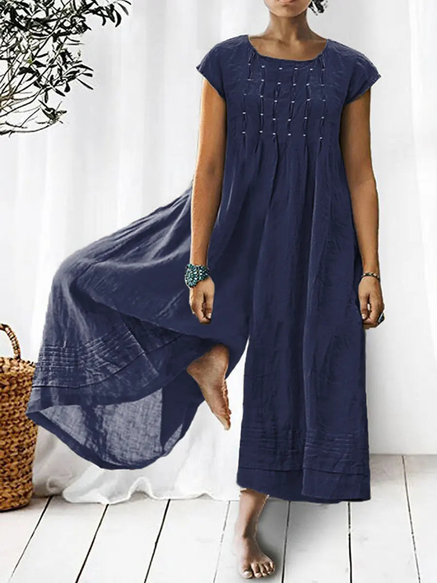 💝💝Women's Solid Color Art Casual Short Sleeve Cotton Linen Jumpsuit