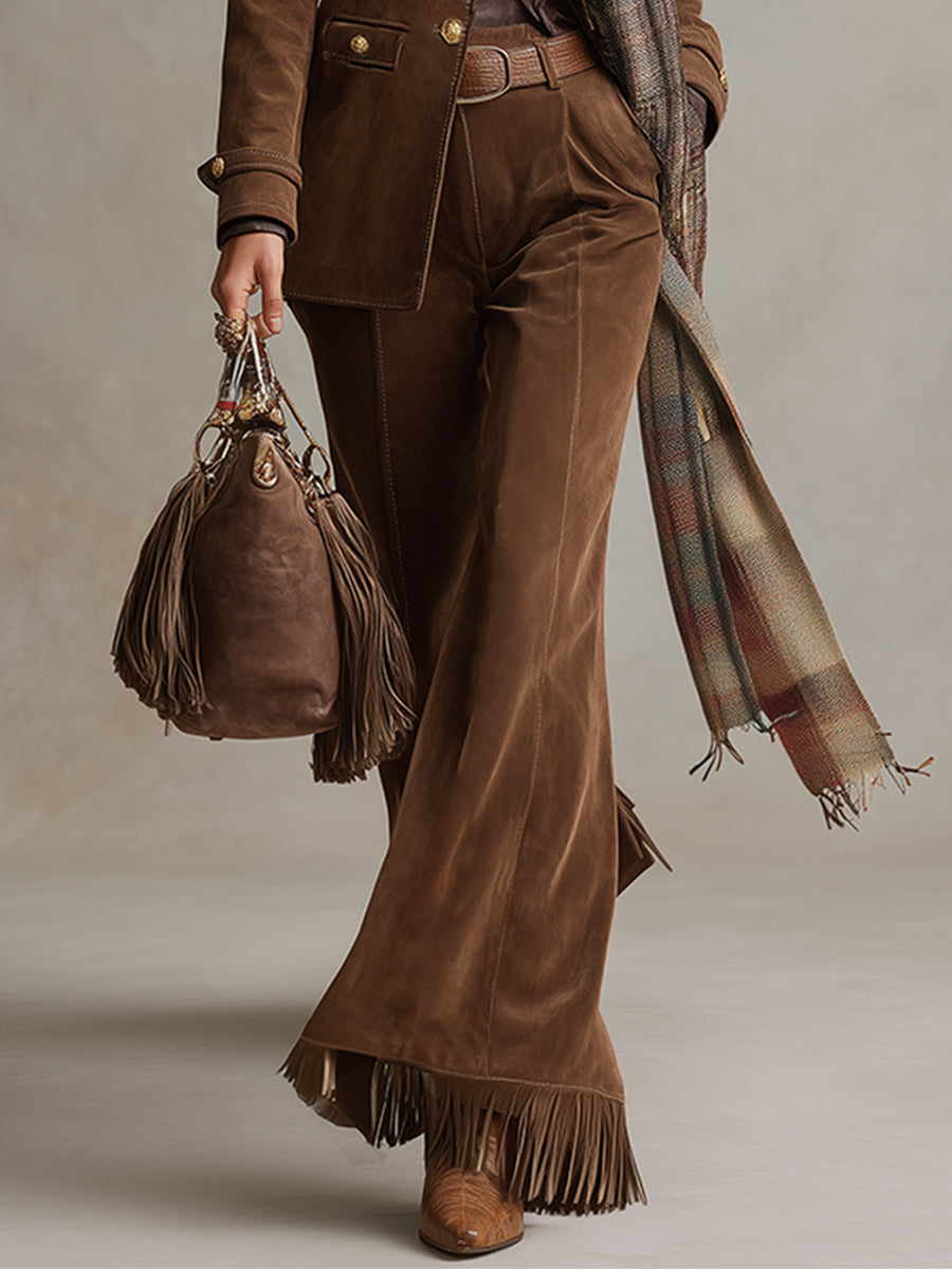 Retro Versatile Brown Faux Suede Tassel Flared Pants