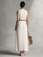 Sleeveless V-Neck Tie-Waist Cotton Linen Maxi Dress