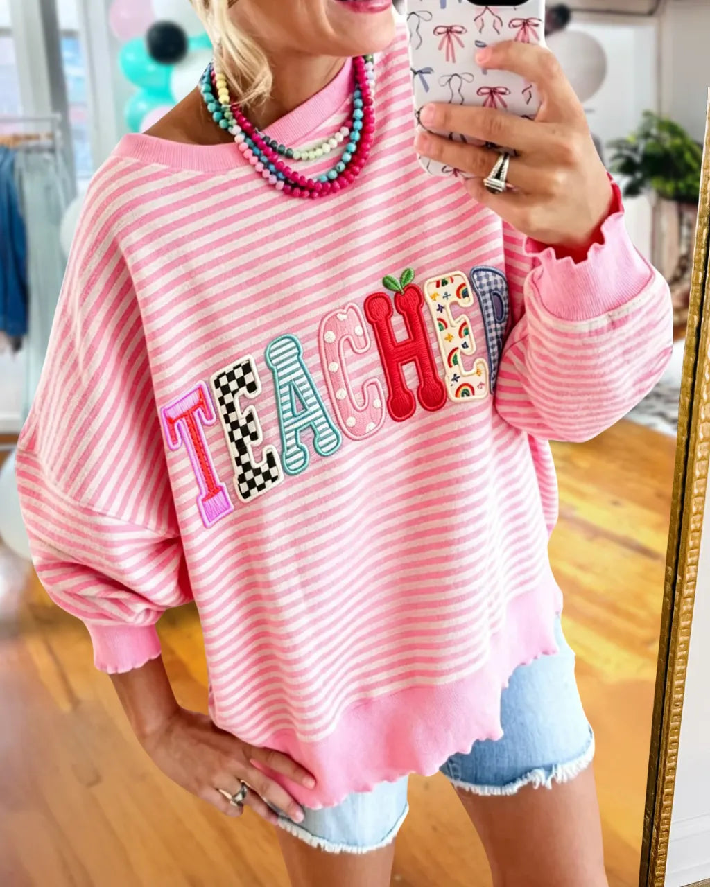 TEACHER Embroidered Striped Sweatshirt