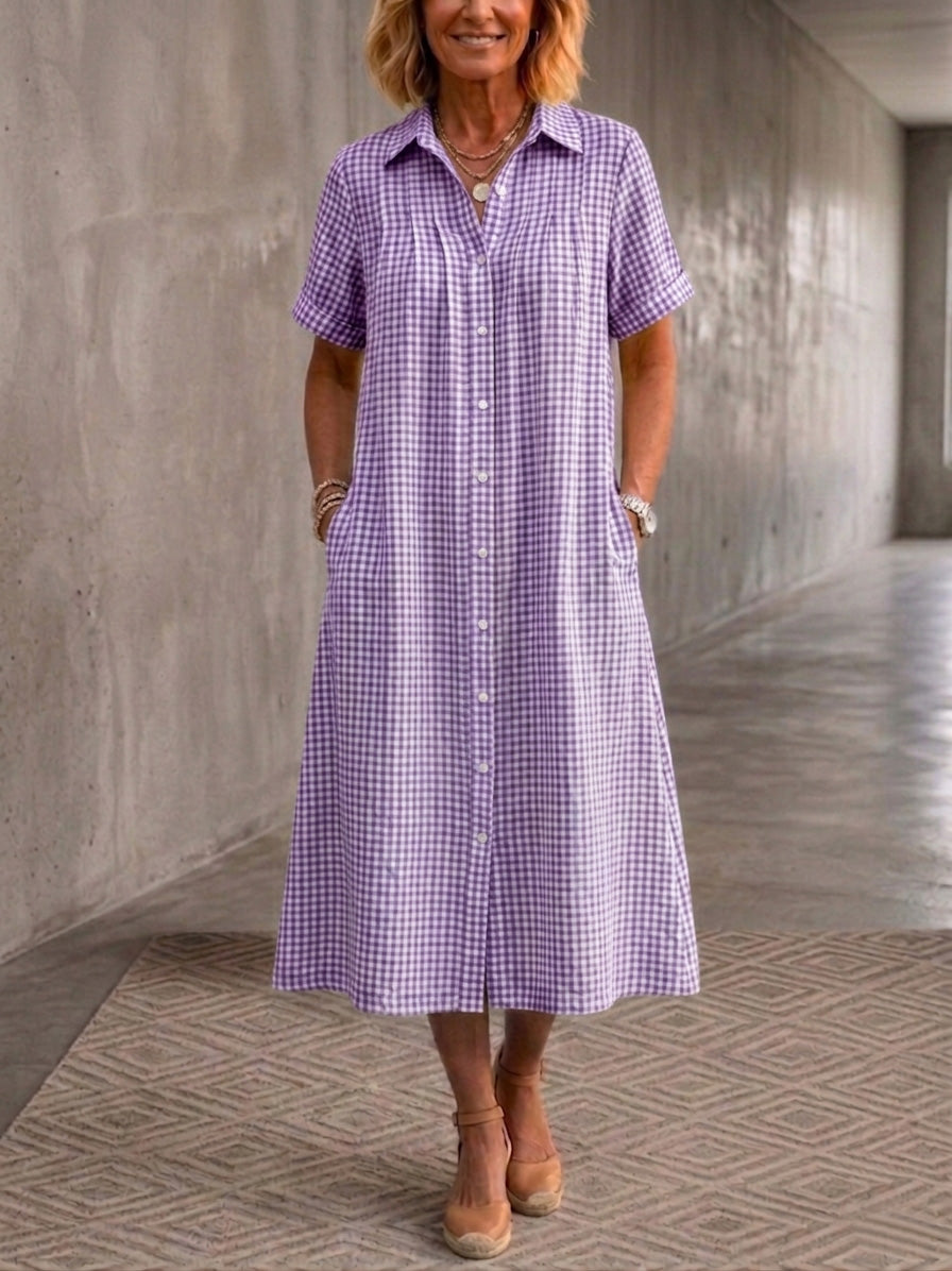 Clearacne Sale🔥 Women's Lapel Checkered Cotton Linen Shirt Dress