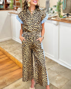 Contrasting Ruffle Trim Leopard Satin Set