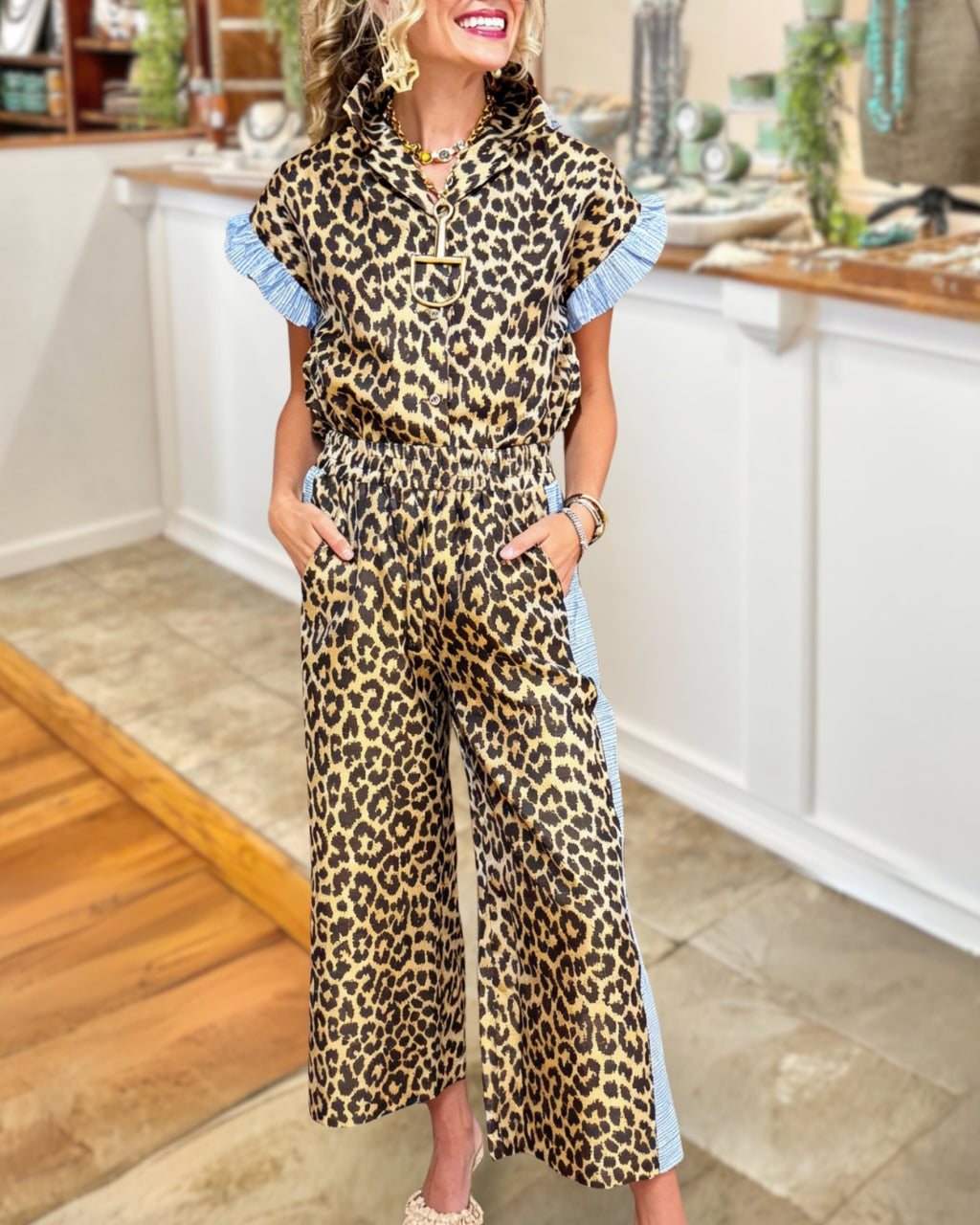 Contrasting Ruffle Trim Leopard Satin Set