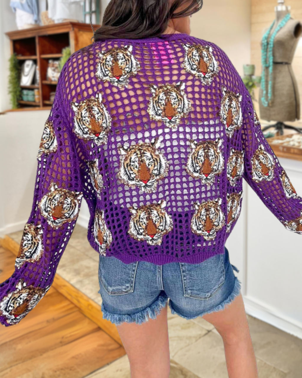 Game Day Tiger-Head Crochet Sequin Top