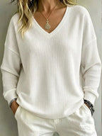 New Arrival🔥 Women's Casual V-Neck Waffle Top Sweatshirt