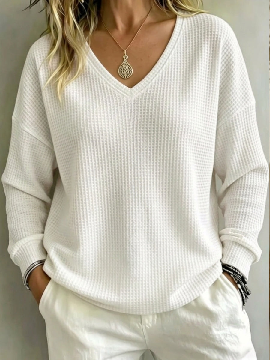 New Arrival🔥 Women's Casual V-Neck Waffle Top Sweatshirt