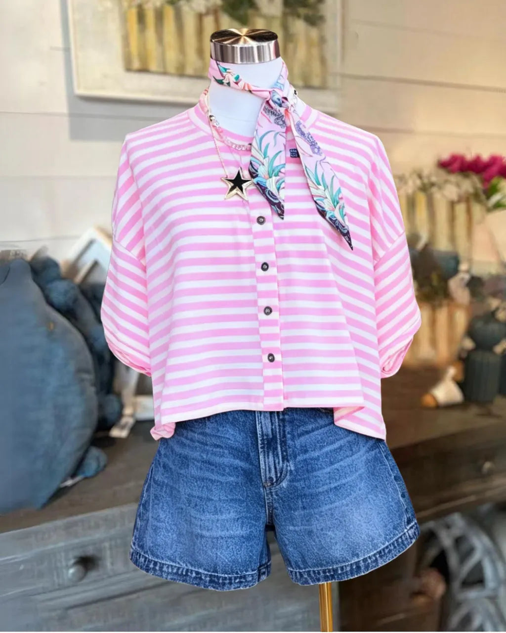 Striped Collins Button Tee