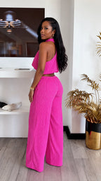 Hot Pink Striped Halter Top & Wide-Leg Pants Set