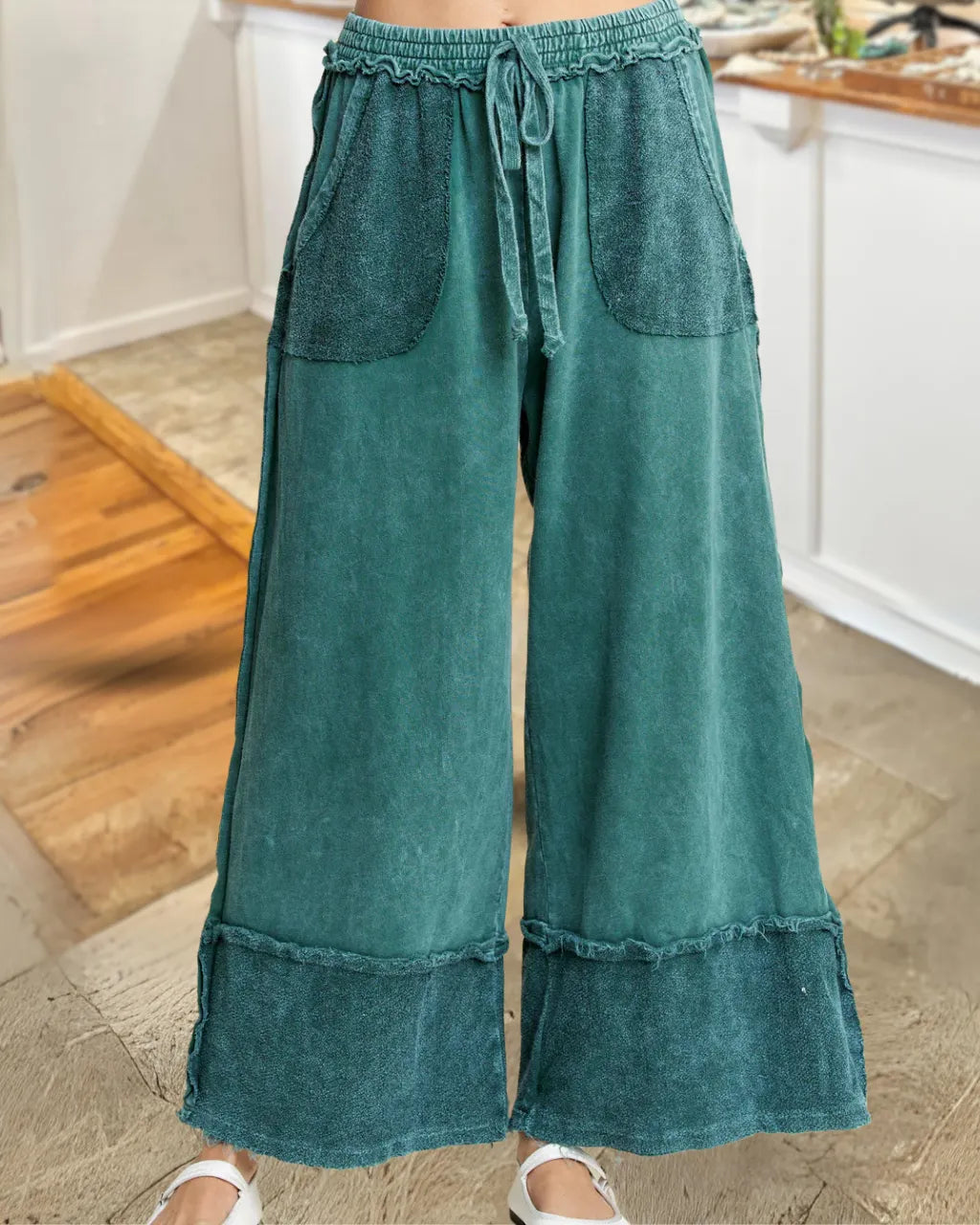Patchwork Washed Wide-Leg Pants