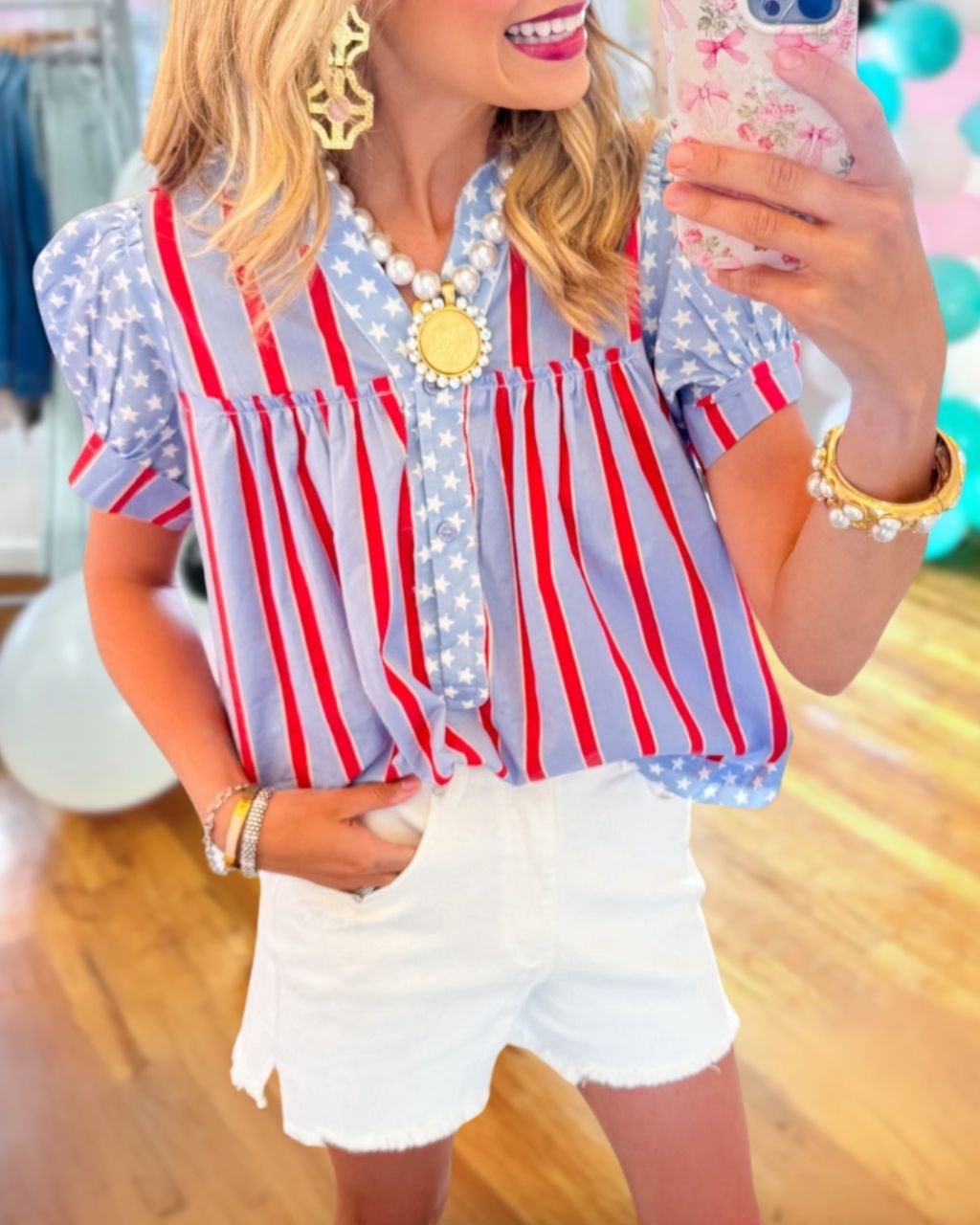 Striped Star Half-Button Top