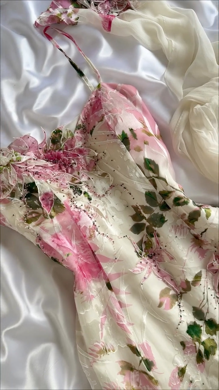 Printed 3D Floral Spaghetti Strap Midi Dress