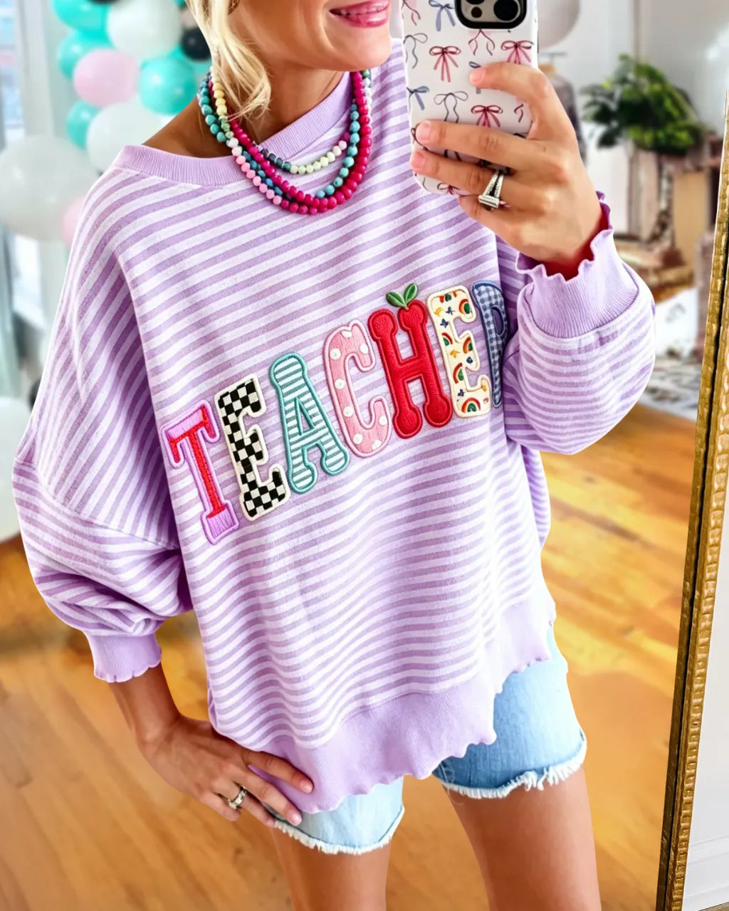 TEACHER Embroidered Striped Sweatshirt