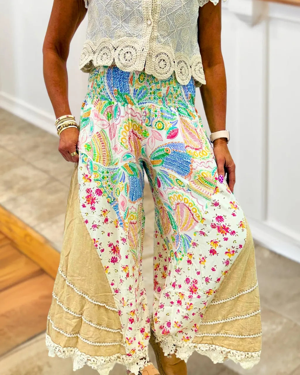Lace Trim Floral Smocked Pants