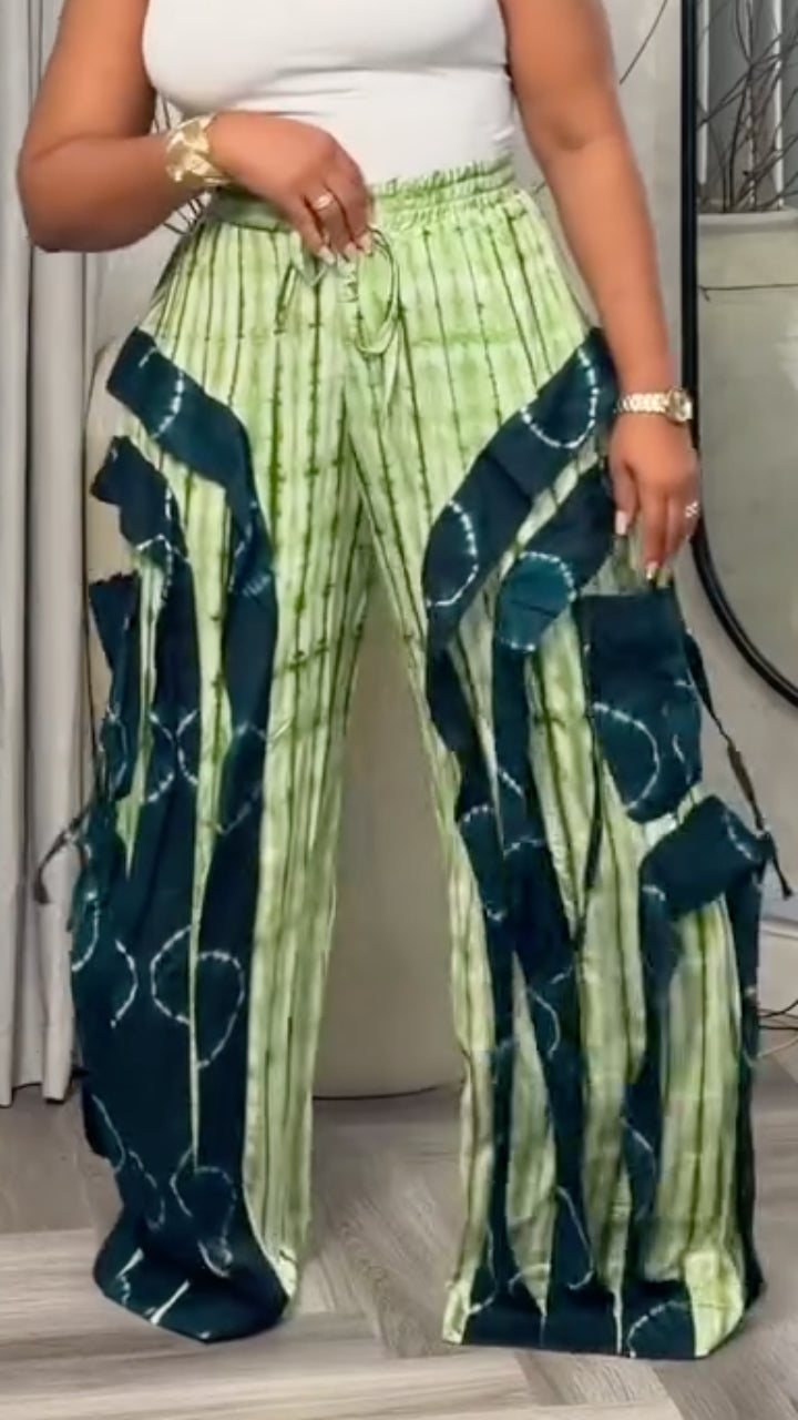 Tie-Dye Patchwork Ruffled Wide Leg Palazzo Pants For Women