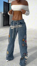 Patch Graphic Patchwork Wide Leg Baggy Denim Jeans