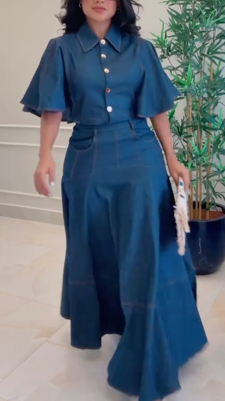 Dark Denim Flare-Sleeve Top & Maxi Skirt Two-Piece