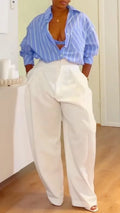 Striped Shirt & White Wide Leg Pants Two-Piece Outfit