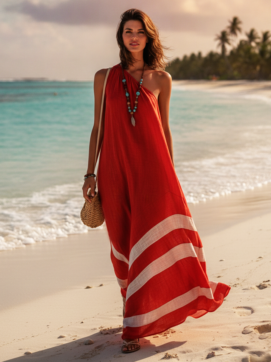 One-Shoulder Colorblock Maxi Dress