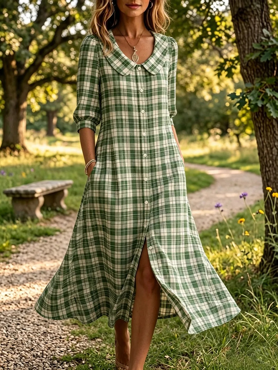 New Arrivals🔥 Women's Retro Button-Down Front Collar Stripe Print Cotton Linen Dress