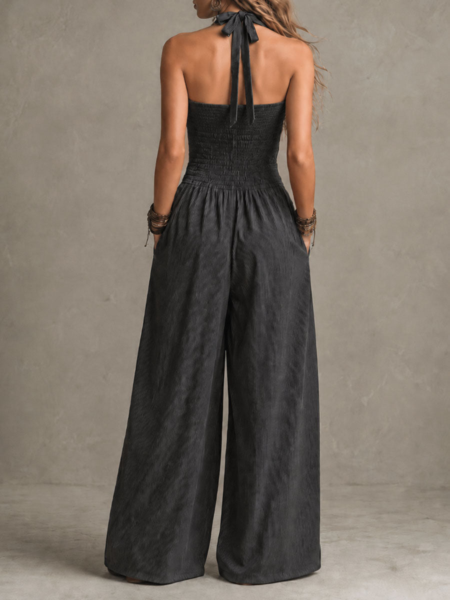 Crisscross Halter Pinstripe Wide-Leg Jumpsuit