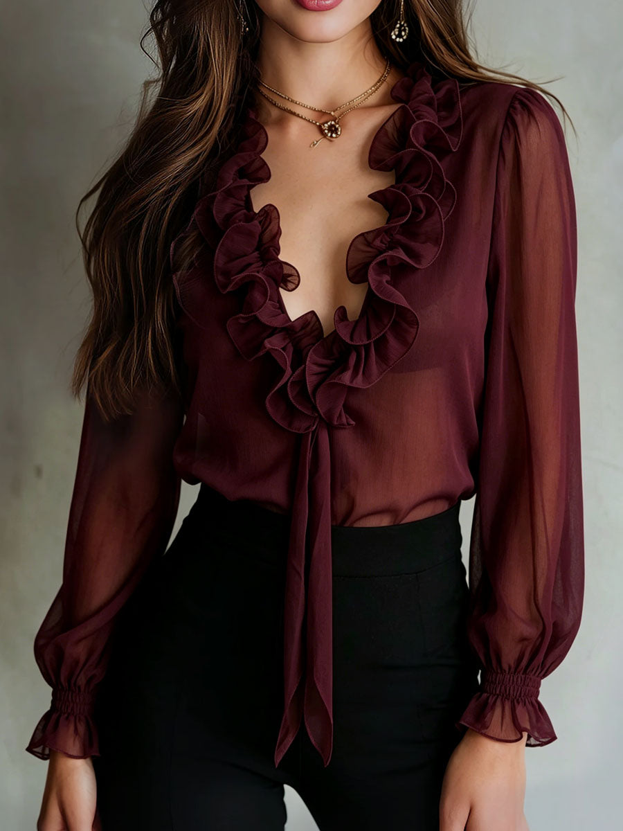 Retro Ruffle Tie-Front Blouse