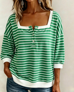Womens Striped Square Neck Three Quarter Sleeve Henley Top
