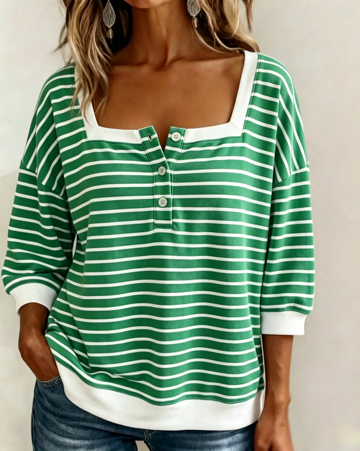 Womens Striped Square Neck Three Quarter Sleeve Henley Top