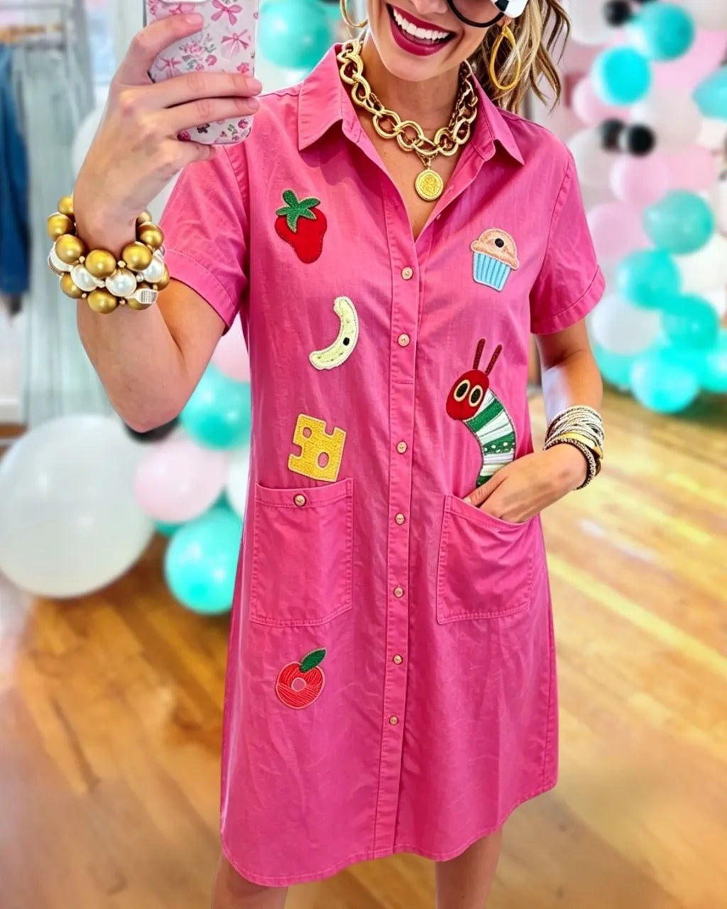 Caterpillar Embroidered Teach Shirt Dress