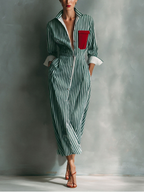 Blue And White Cotton Blend Striped Shirt Dress With Red Chest Pocket