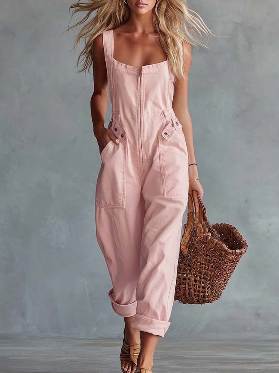 Retro Zip-Front Belted Jumpsuit