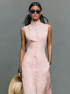 Stand-Collar Linen Maxi Dress