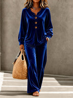New Arrivals🔥Women Casual Velvet Two Piece Outfit Notch Neck Button Top and Wide Leg Pants Set