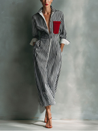 Blue And White Cotton Blend Striped Shirt Dress With Red Chest Pocket