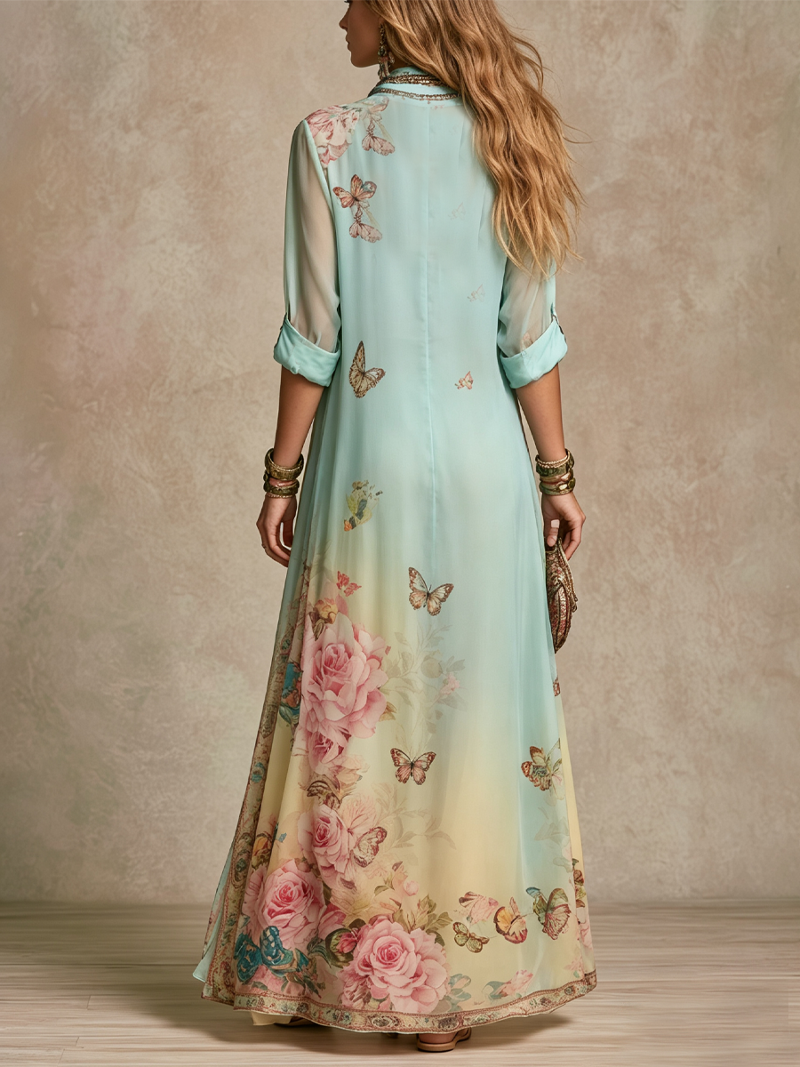 Baroque Floral Chiffon Maxi Dress