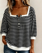 Womens Striped Square Neck Three Quarter Sleeve Henley Top
