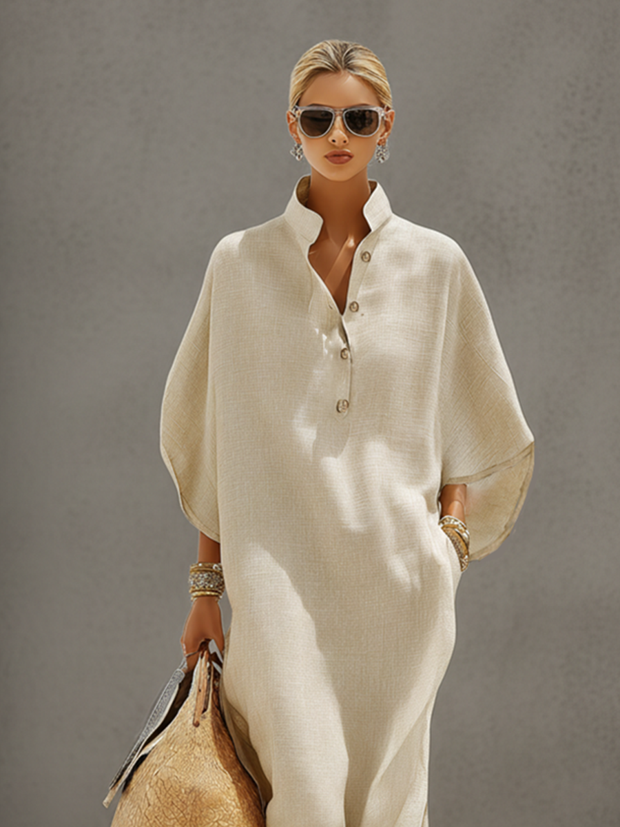 Mandarin Collar Linen Maxi Dress
