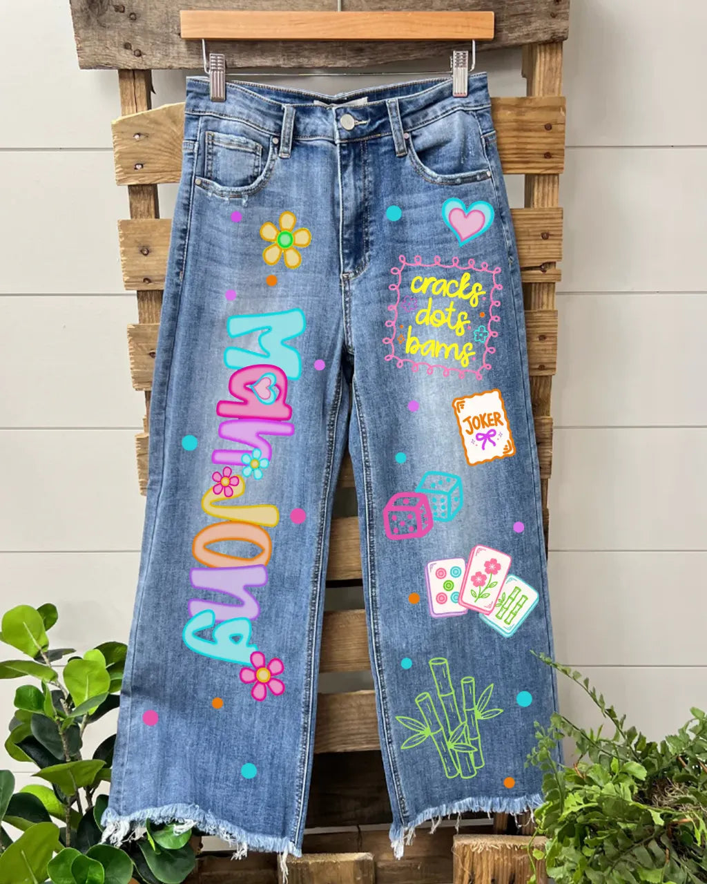 Mahjong Themed Denim Pants