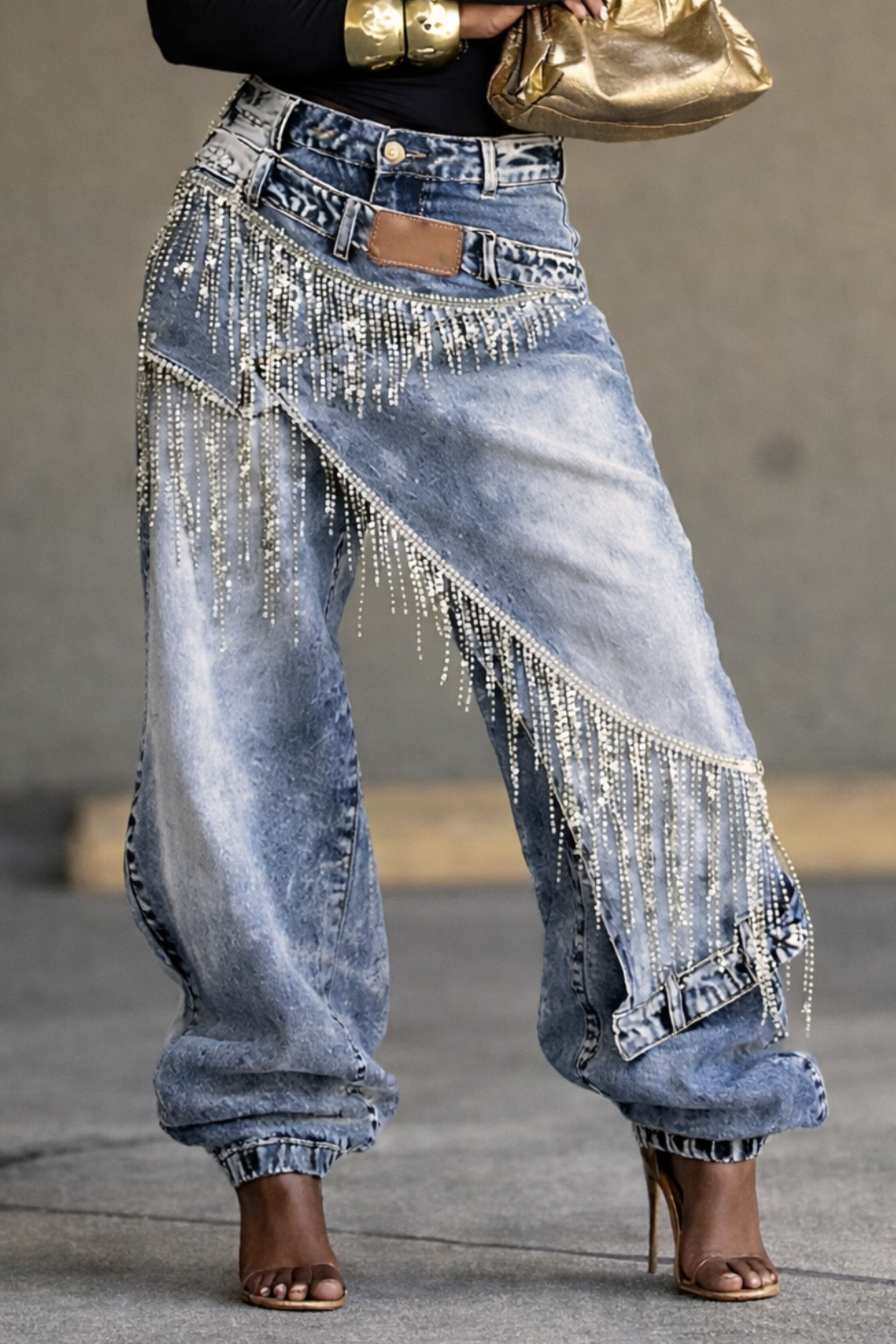 Women’s Y2K Heavy-Detailed Rhinestone Faux Two-Piece Jeans